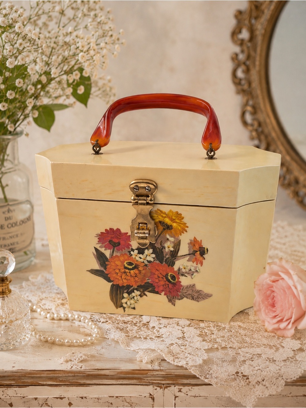 Vintage Wooden Floral Box Purse Cream Lucite Handle Velvet Lined Handbag